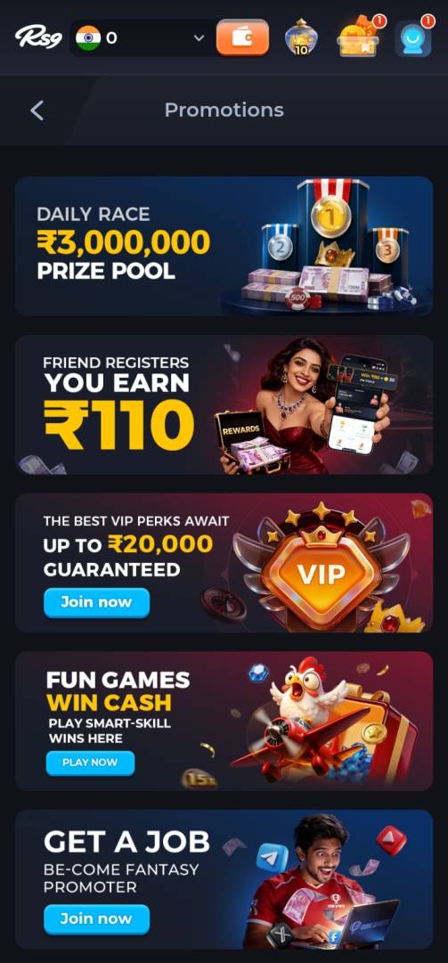 RS9 Game App interface on Android smartphone