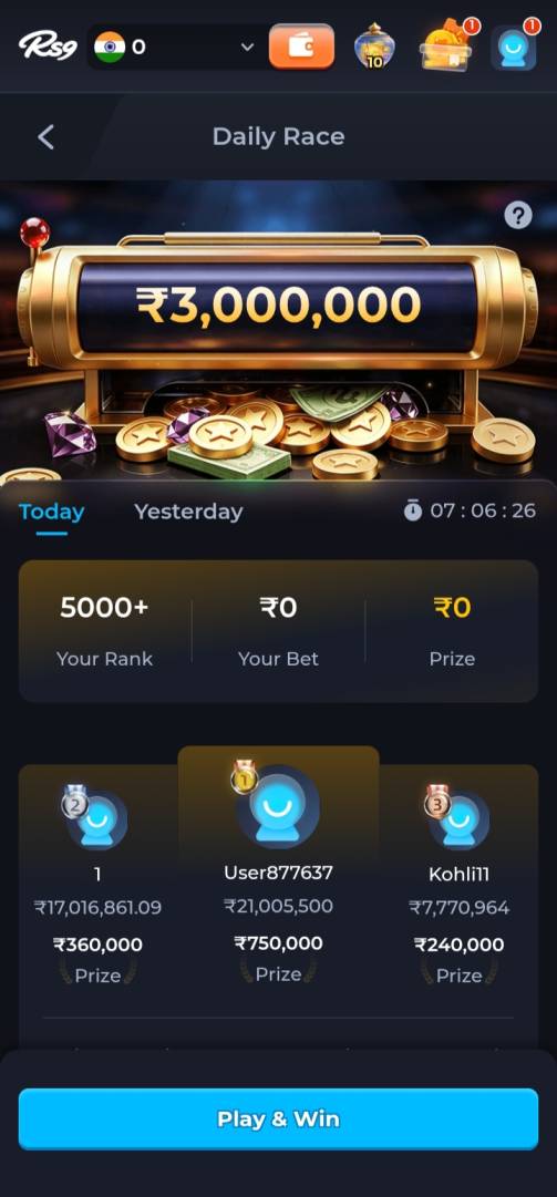 RS9 App mobile interface with gaming options